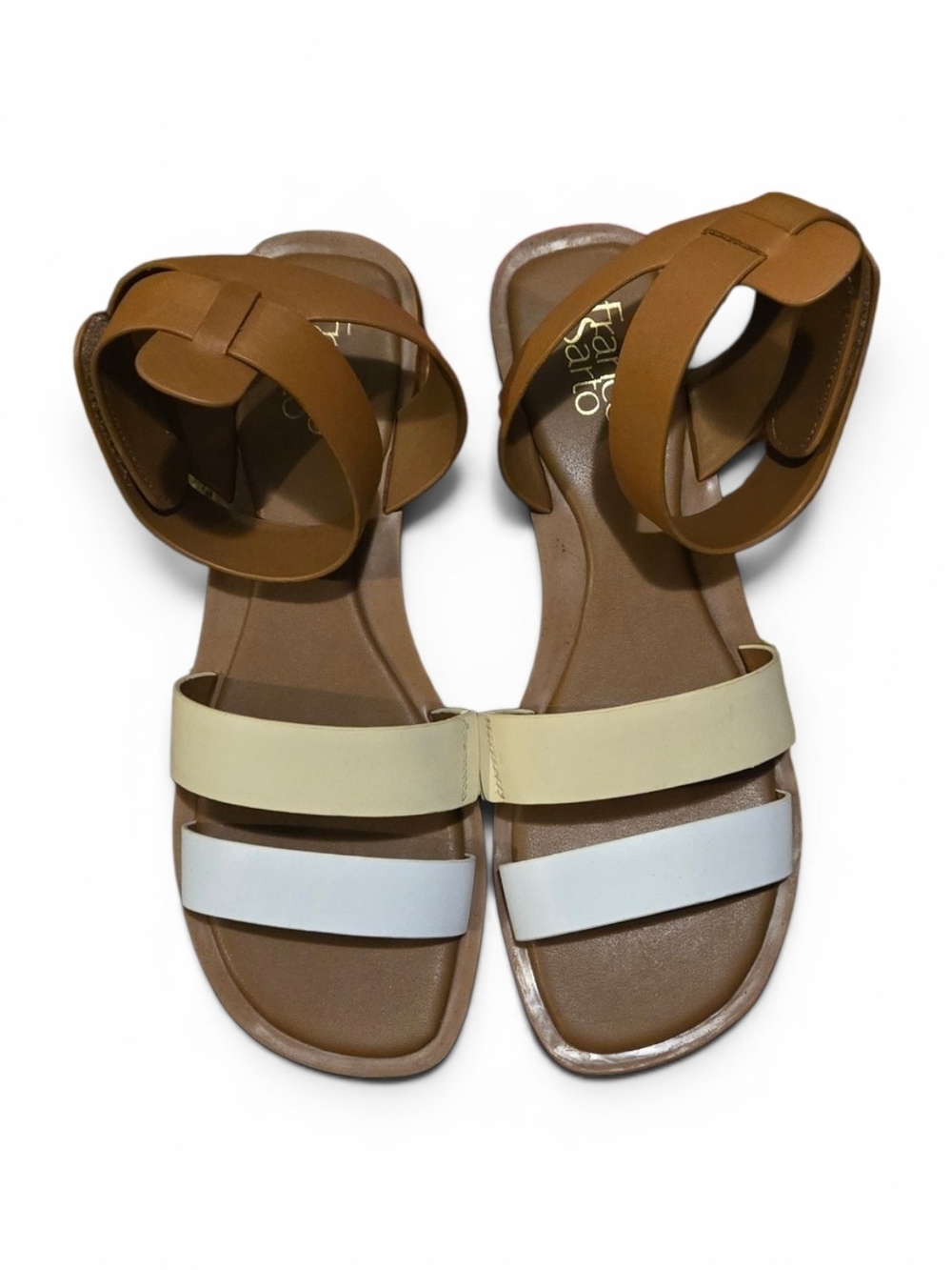 Franco Sarto Two-Tone Brown, Cream & White Leather Sandals